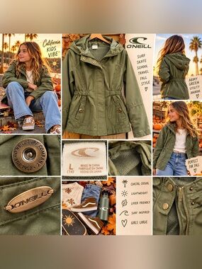O’Neill Girls L Army Olive Green Hooded Utility Anorak Jacket Military Surf